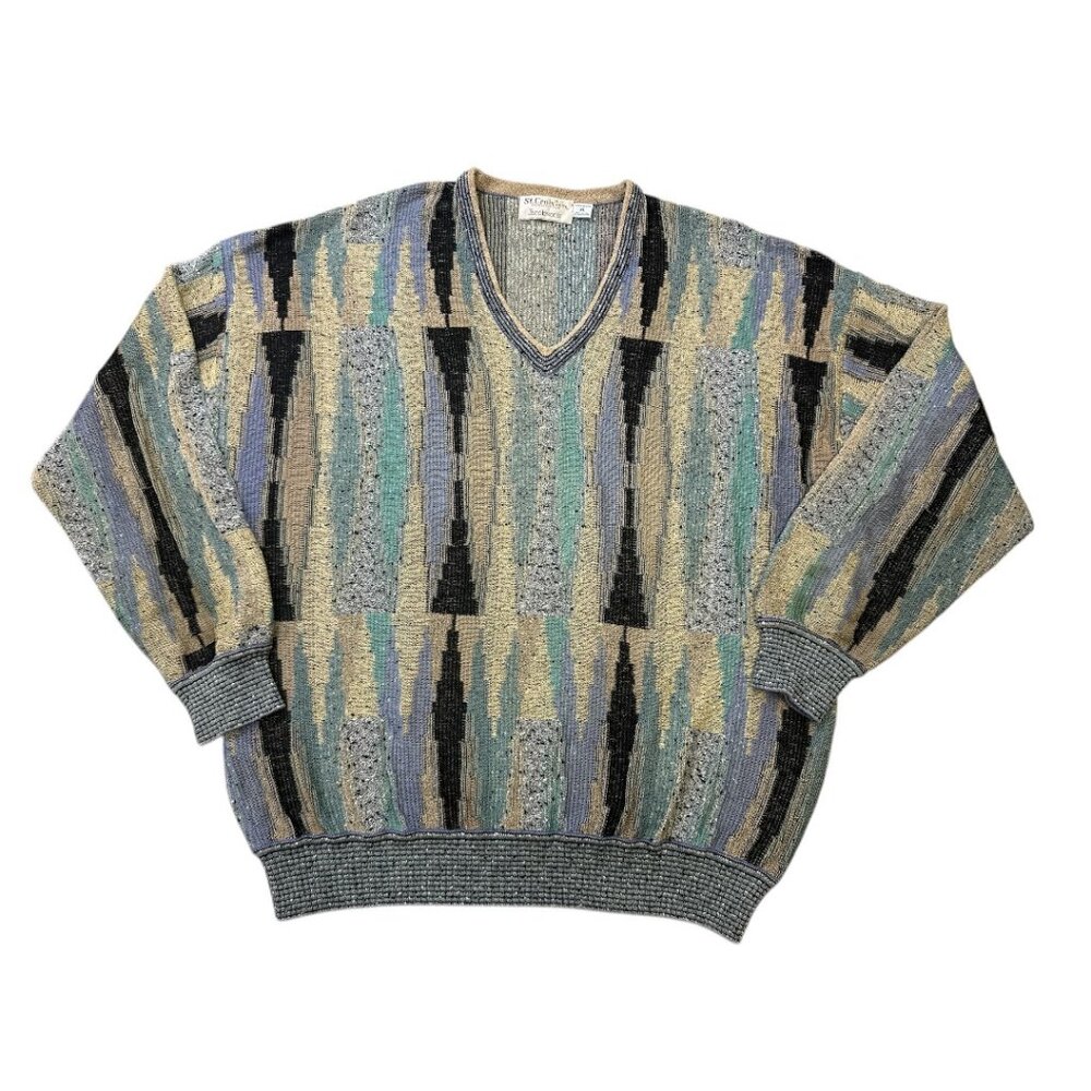 Vintage 90s St Croix Knits Coogi-Style Cosby Colorful Mens V-neck Sweater Sz XL